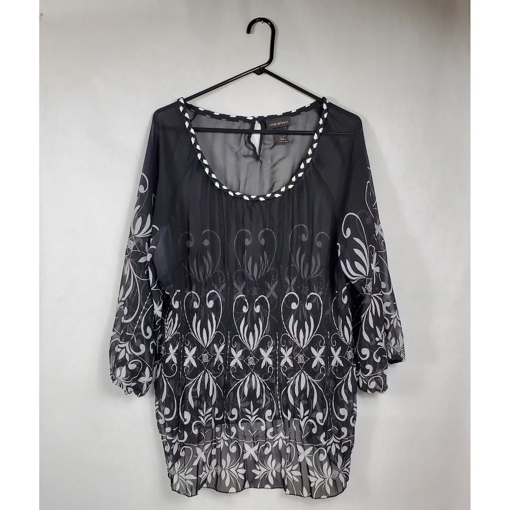 Lane Bryant Black White Floral Pleated Sheer Tunic Blouse 14/16 3/4 Sleeve